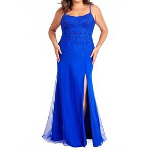 NEW FAVIANA beaded lace and tulle long dress with scoop neck in royal